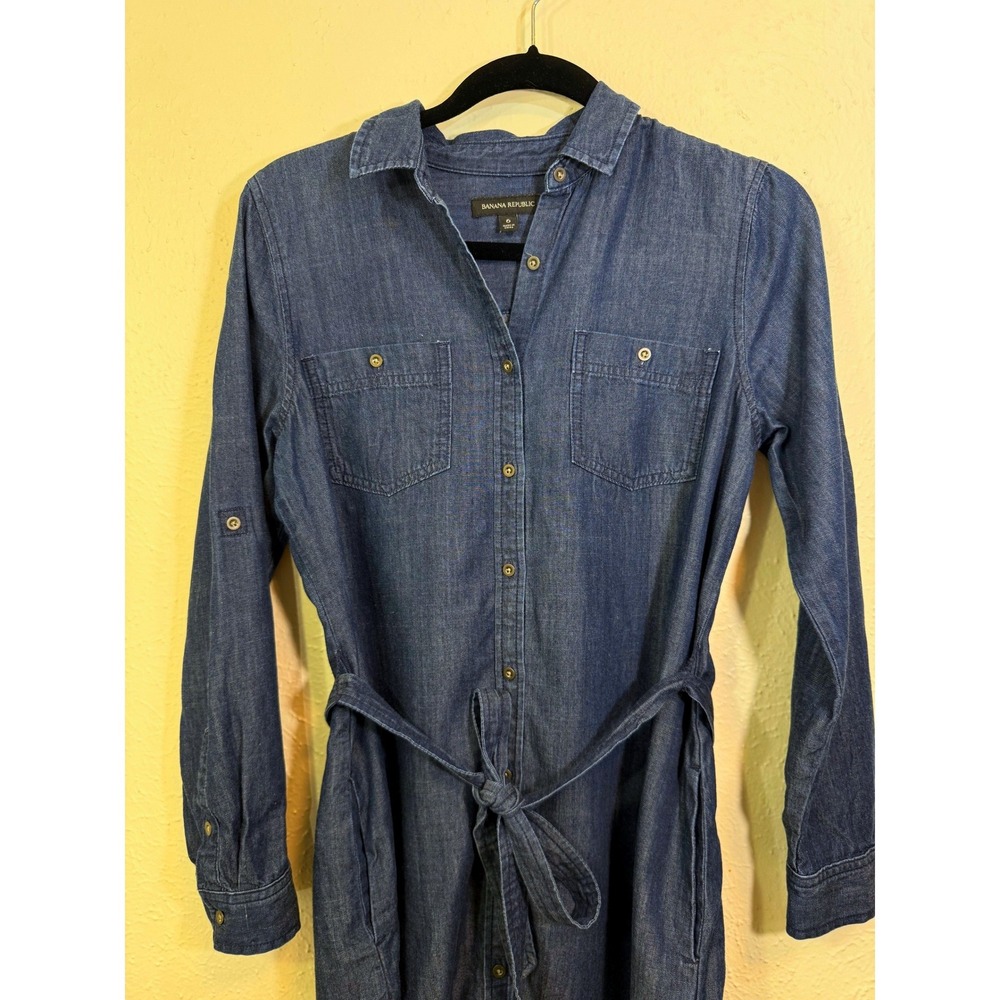 Banana Republic Women Dark Navy Denim Tie Waist Shirt Dress Size 6 Lyocell Blend